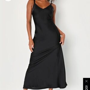Chic Entrance Black Satin Backless Slip Maxi Dress